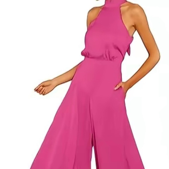 None Pants - Elegant Pink Halter Jumpsuit
